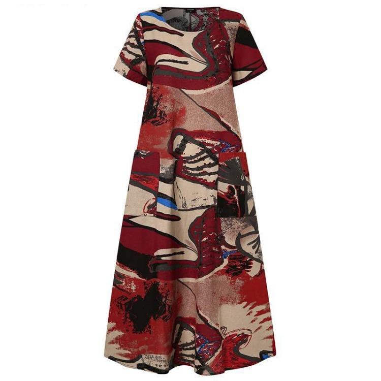 Bohemian Women Dress Long Loose Waist Print Pocket O Neck Spring Summer National Style Sizes S To 5XL