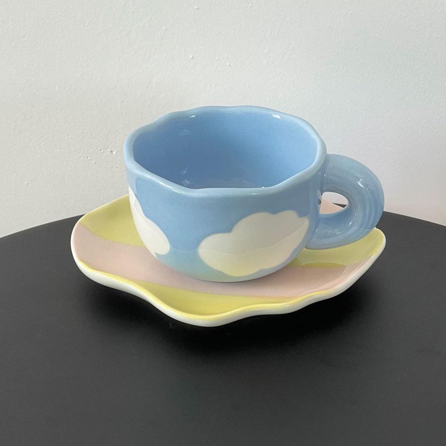 Girl'S Heart Hand-Painted Tulip Orange Bear Flower White Cloud Coffee Cup And Saucer Underglaze Irregular Ceramic Cup And Saucer