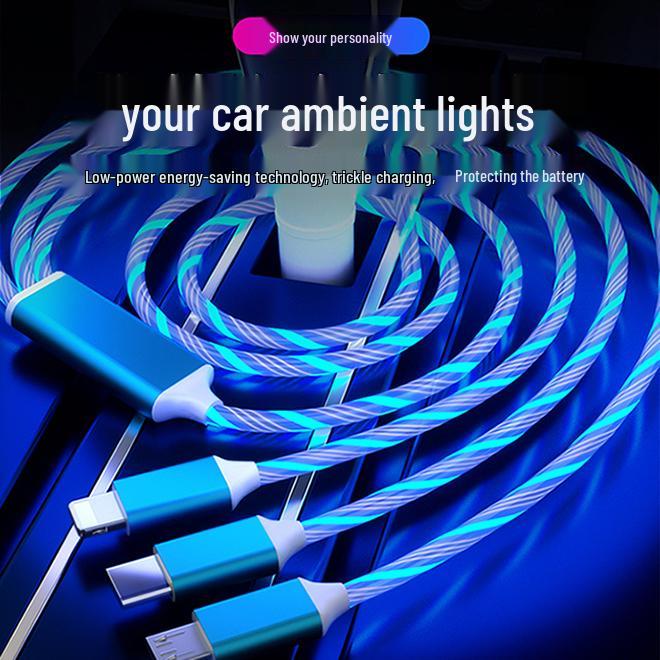 Three-in-One Fast Charging Cable with Flowing LED Lights for Android, iPhone, and Type-C - Seven-Color Night Light