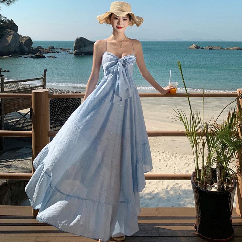 Irregular Ruffle Leaf Edge Halter Suspender Shiny Dress Seaside Vacation Super Fairy Beach Dress