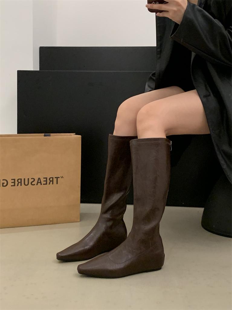 2025 Autumn and Winter New Small Square Head Low Heel Knight Boots Retro Inner Heightening Boots Versatile Square Head High Boots Women