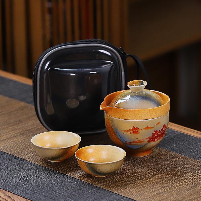 Firewood Kuaike Tea Set Creative Travel Ceramic One Pot Three Cups Gift Set Outdoor Portable Tea Pot
