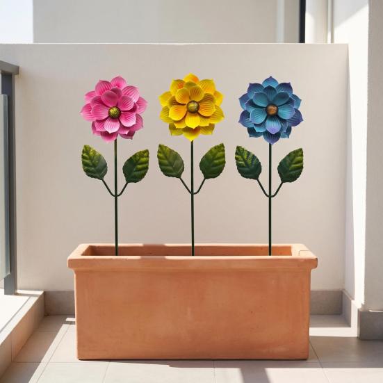 3 Pcs 15.5'' Flower Garden Stakes Colorful Metal Flower Yard Art Outdoor Rust Proof Plant Sticks for Lawn Patio Pathway Decoration