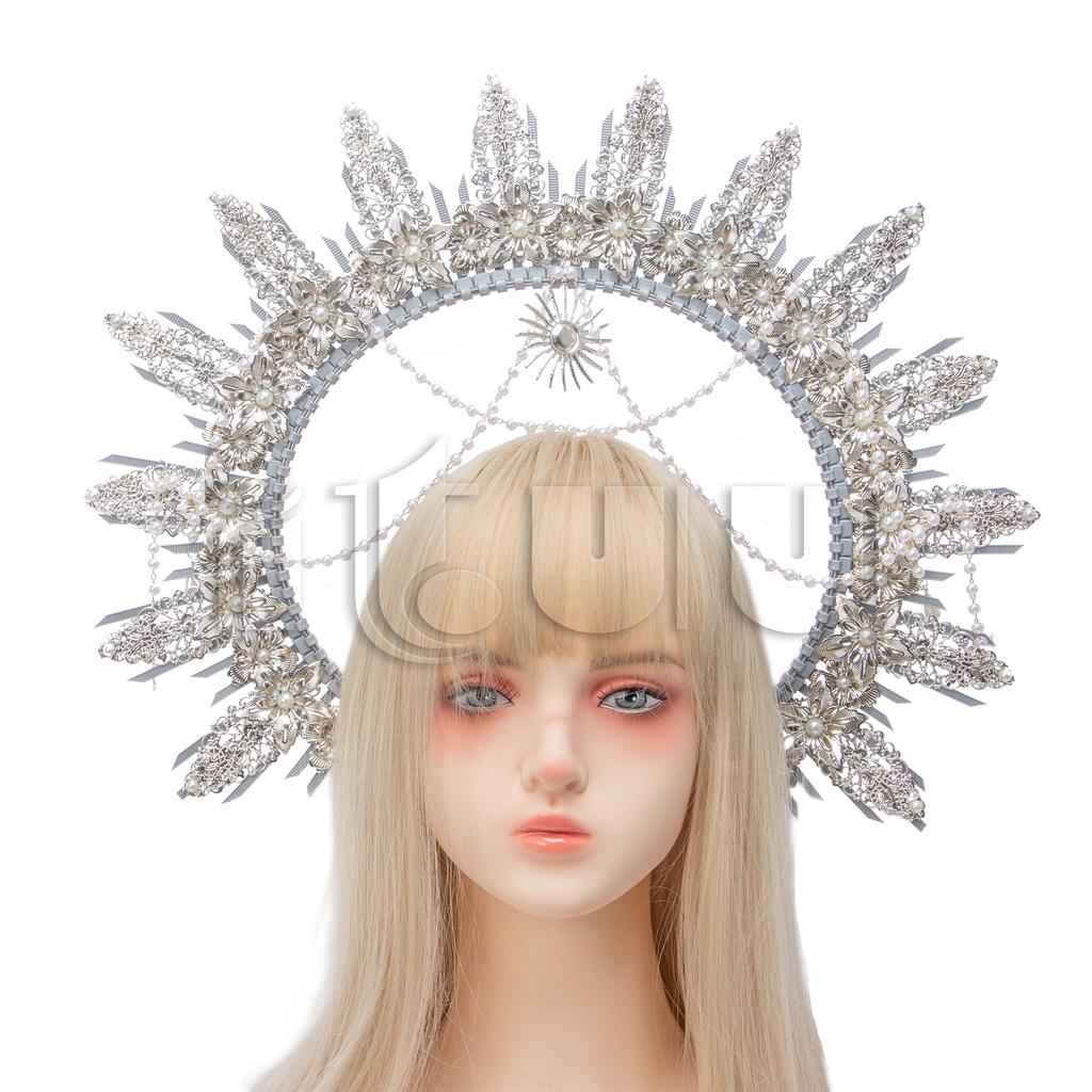 Sun Goddess Halo Crown Baroque Golden Headpiece KC Tiaras Wedding Crown Lolita Exaggerated Complete Headpiece Photoshoot Props