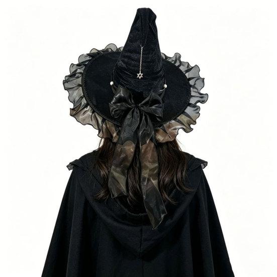 Xiaobudian Halloween Witch Hat for Women, Velvet Wizard with Ruffle Brim And Bow Party, Masquerade, Cosplay Costume Accessory