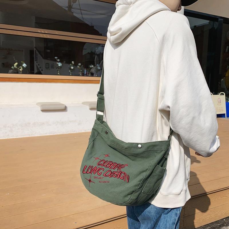 Canvas bag female college student class ins lazy wind large capacity shoulder messenger bag niche letter dumpling bag