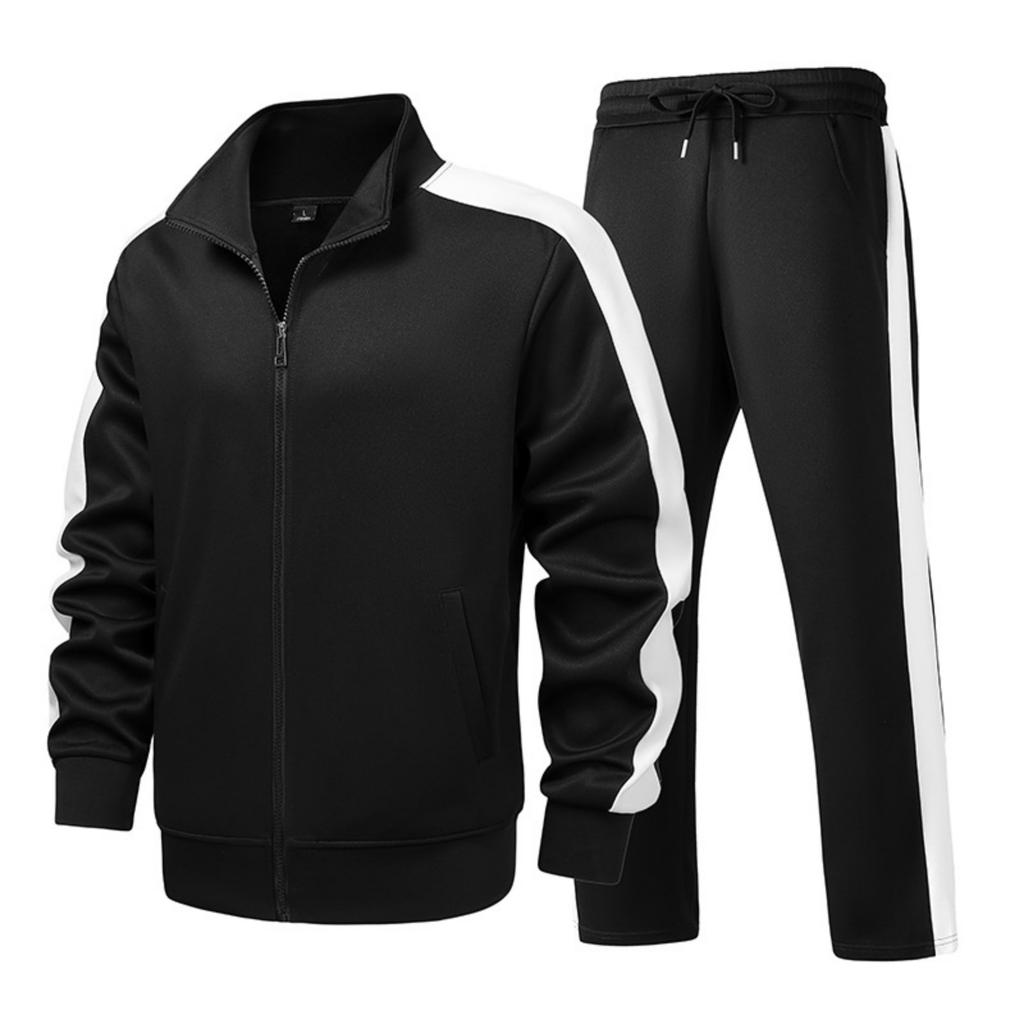Men's Casual And Fashionable Long-sleeved, Lapel, Color-blocking Zipper Jacket, Long Pants And Sporty Slim-fit Suit