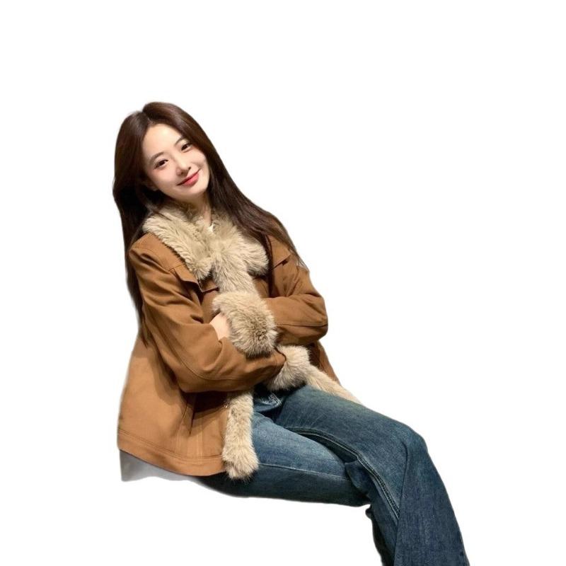 Maillard retro plush jacket women's winter fashion new thickened denim splicing cotton-padded clothes