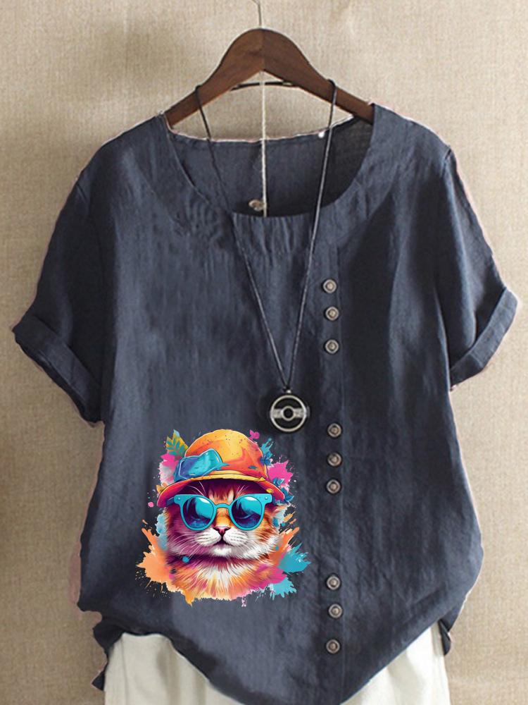 Women's Fashion Colorful Cat Print Round Neck Short Sleeve T-shirt Summer Casual Cotton Linen Graphic Shirt Leisure Loose Blouse Tops
