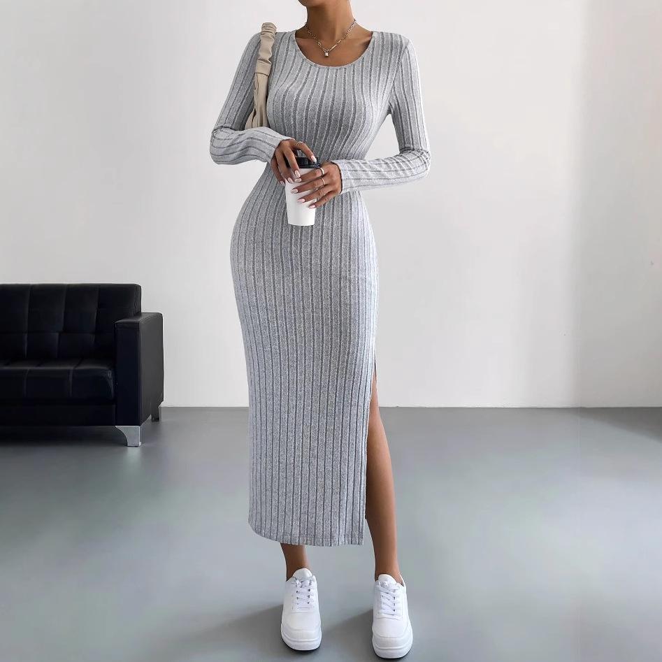 

Trendy European & American Long-Sleeve Round Neck Slit Knit Dress for Women L
