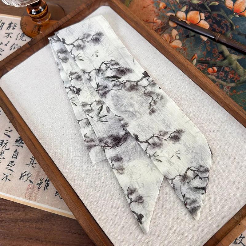 New Chinese Style Ribbon Headband Bow Hair Ring Hair Rope Butterfly Printing Silk Scarf Woman Tied Hair Turban Fashion Headdress
