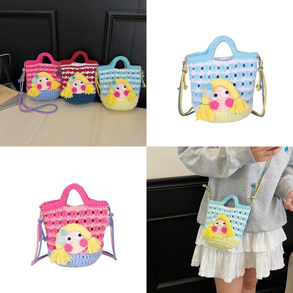 Cartoon Knitted Crossbody Bag With Shy Girl Design For Women Winter Fashion Trendy Casual Womens Accessory