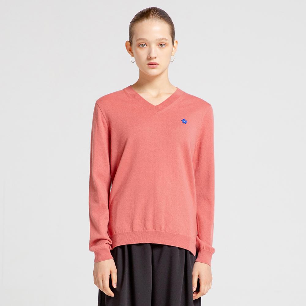Via Bon De Via 100% Wool Flower V-Neck Knit (Pink) Light Pink/L