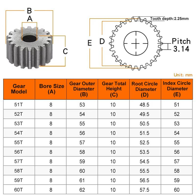 51T/52T/53T/54T/55T/56T/57T/58T/59T/60Teeth 1 M Spur Gear SC45# Carbon Steel Material Cylindrical Gear Transmission Accessories