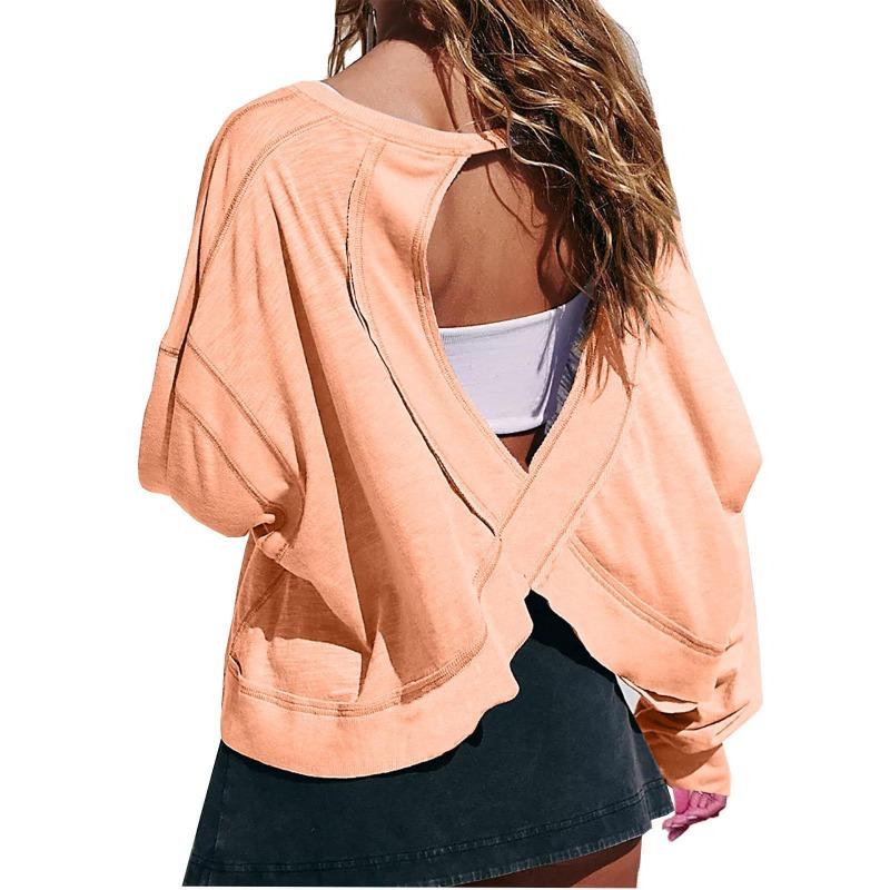 Women's Loose Long Sleeved Backless Women's Top Age Reducing Hollow Out Short Round Neck Women's T-shirt