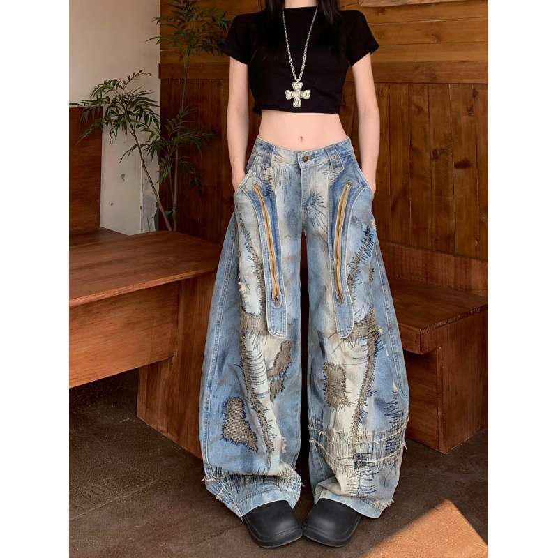 JYL Unisex Cargo Pants American Pocket Strap Bootcut Deconstructed Couple Denim 2XL бездна