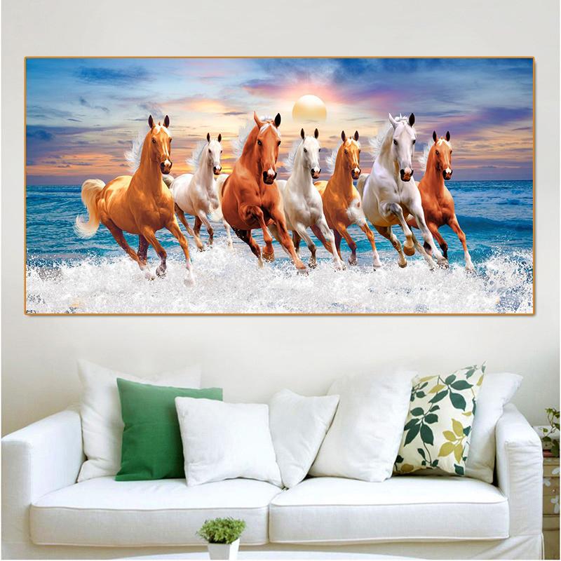 

Семь лошадей, бегущих по песку, холст, настенная живопись, восходящая группа лошадей, постеры и принты для декора стен гостиной, Cuadros 60x120cm No Framed