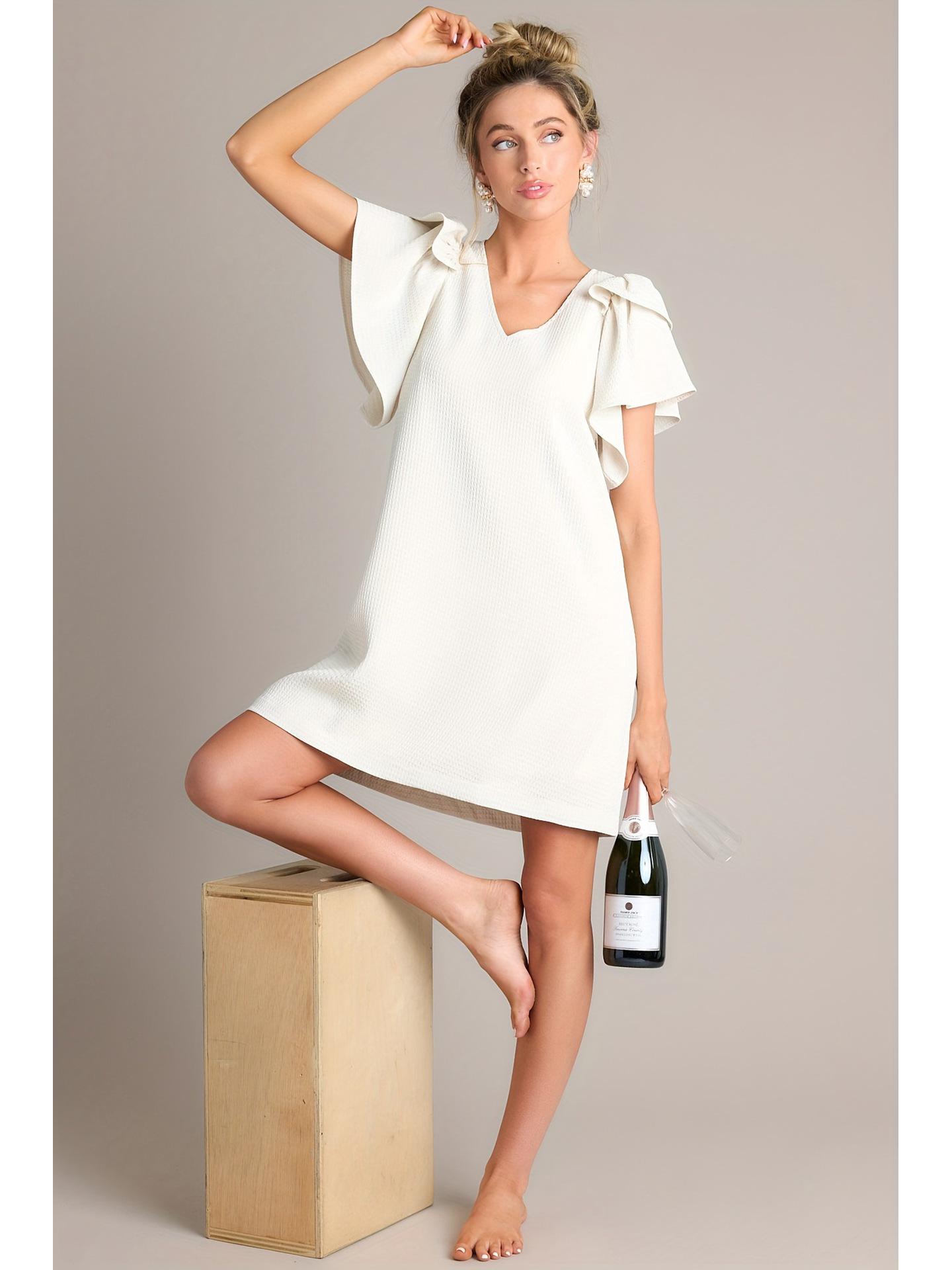 

2025 Spring/Summer Slimming Waffle Short Sleeve Dress M белый