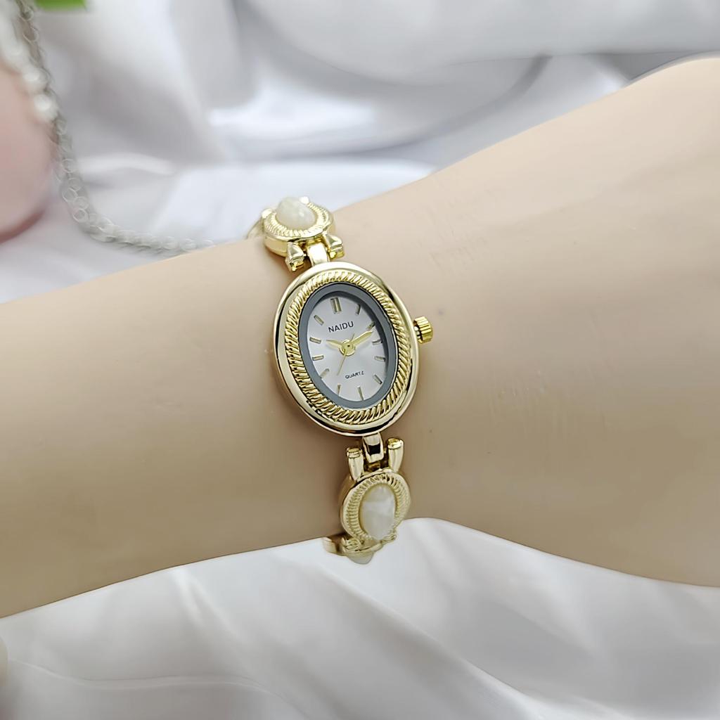 Korean Style Women's Oval Bracelet Watch - Colorful Stone, Versatile, Niche Fashion, Gold, High-End Feel