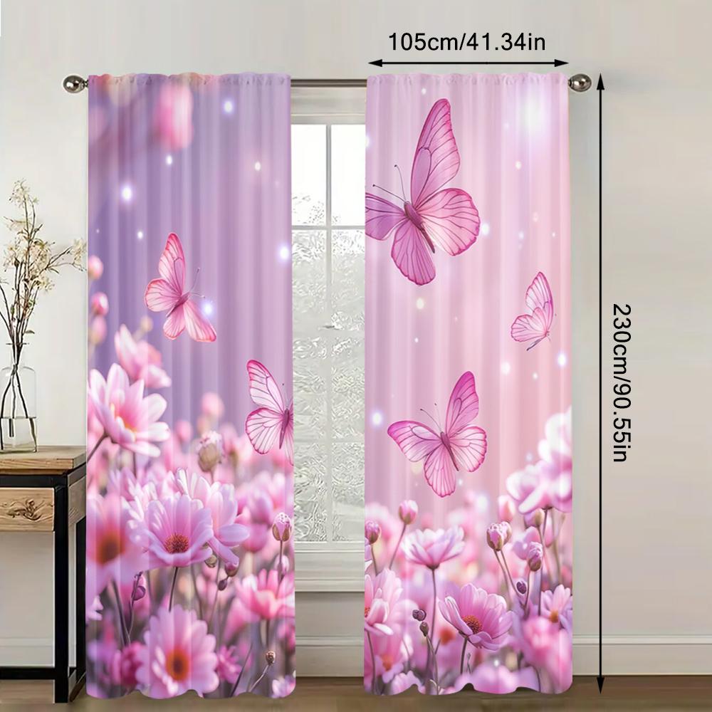 2pc    Window Drapes Butterfly Fantasy Pink Versatile 100% Polyester  Without Electricity Festive Wall Decor Suitable for