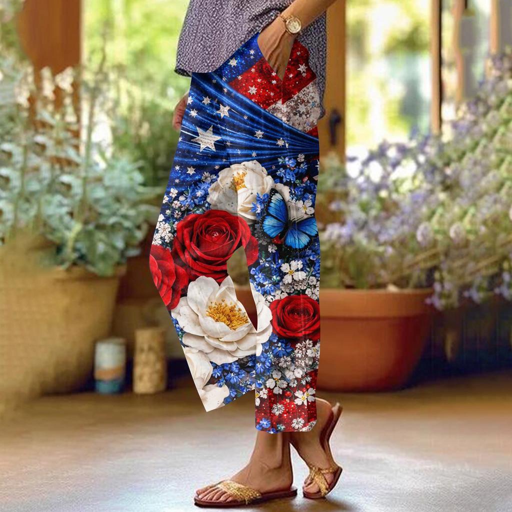 Dámské ležérní módní potištěné kalhoty s rovnými nohavicemi s kapsami