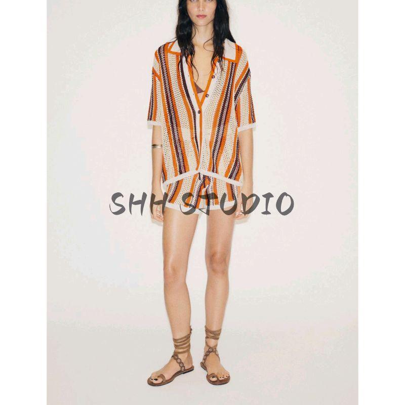Minimalist Style Knitting Polo Shirt Collar Short Sleeve Jacket 3920260 Knitting High Waist Casual Shorts 3920261