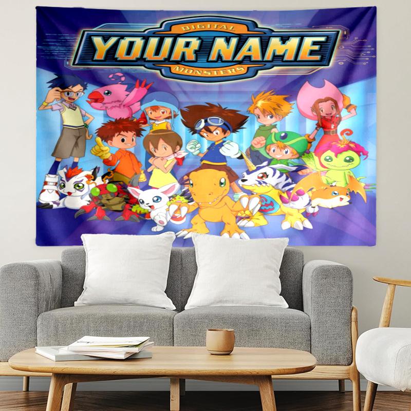 Personalized Name Digimon Tapestry, Wall Hanging Tapestry, Pattern Tapestry for Dorm Bedroom Living Room Wall Art Photography Backdrop