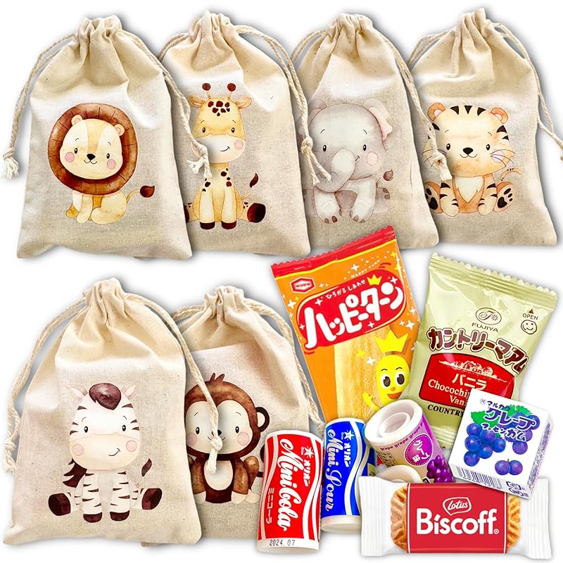 

[Set of 6] Petit gift animal drawstring bag sweets Assortment happy turn country ma am Orion Ramune bubble gum lotus biscoff
