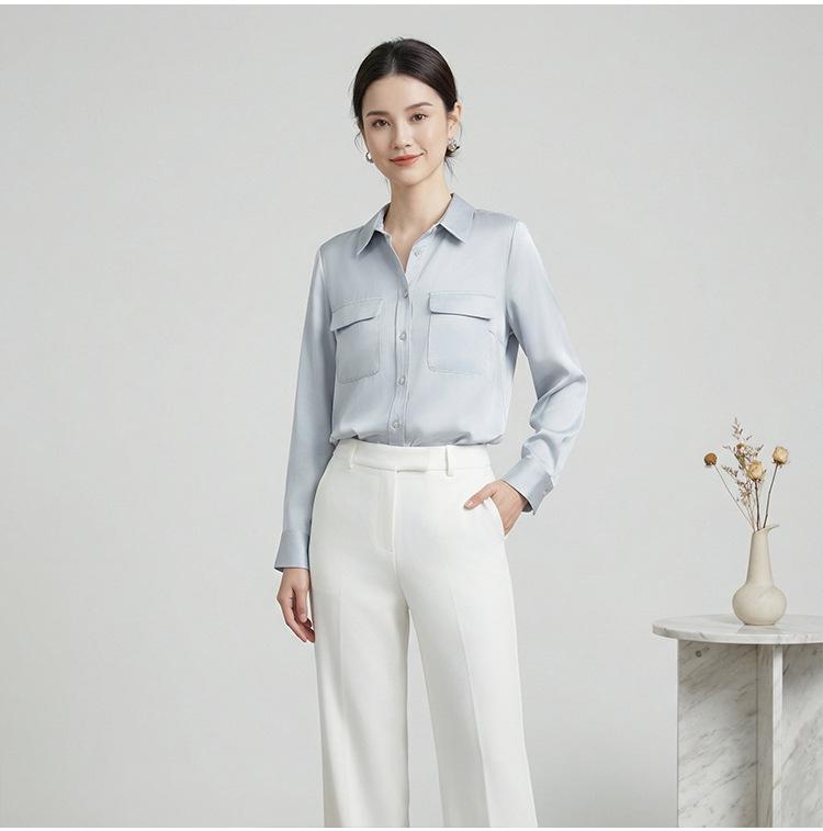 Women's Long Sleeve Heavyweight Mulberry Silk Square Neck Shirt - 2026 Spring Collection, White