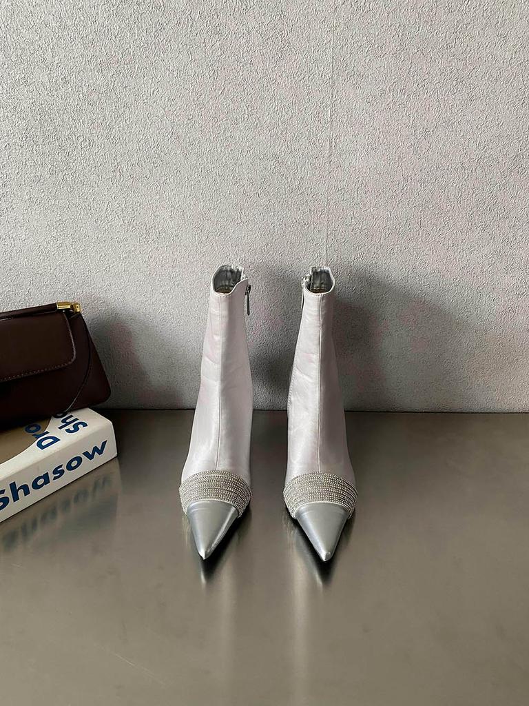 fashion Silk Women Ankle Boots Pointed Toe Winter Boots Woman Thin High Heels Back Zipper Rhinestone Chain Autumn Spring Boots Woman 40