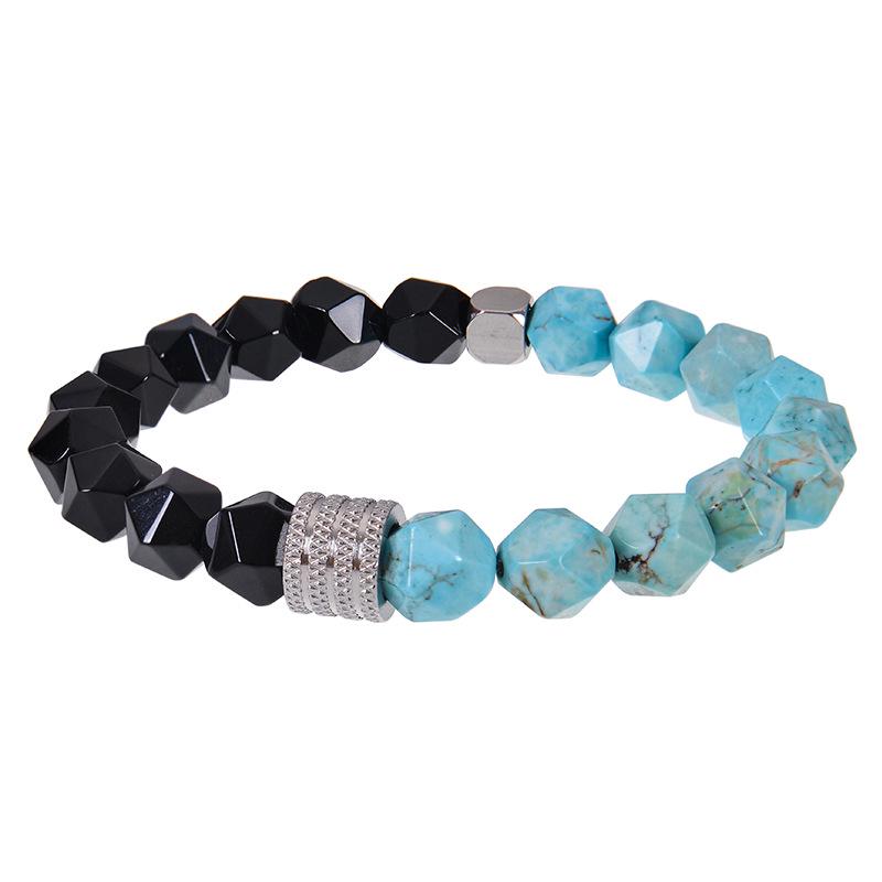 Men's Retro Stainless Steel and Beaded Bracelet with 10mm Faceted Amazonite and Black Obsidian.
