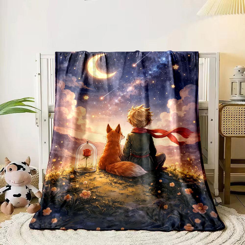 A boy and a fox sit on a hill gazing at a starry sky with a crescent moon. for all seasons blanket lunch break throw gift