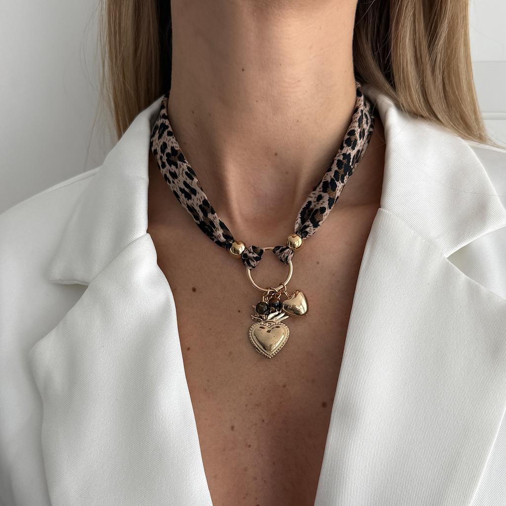 Ingemark Elegant CCB Heart Shape Pendant Choker Necklace Women Trend Punk Gold Color Metal Chiffon Fabric Neck Chain New Jewelry