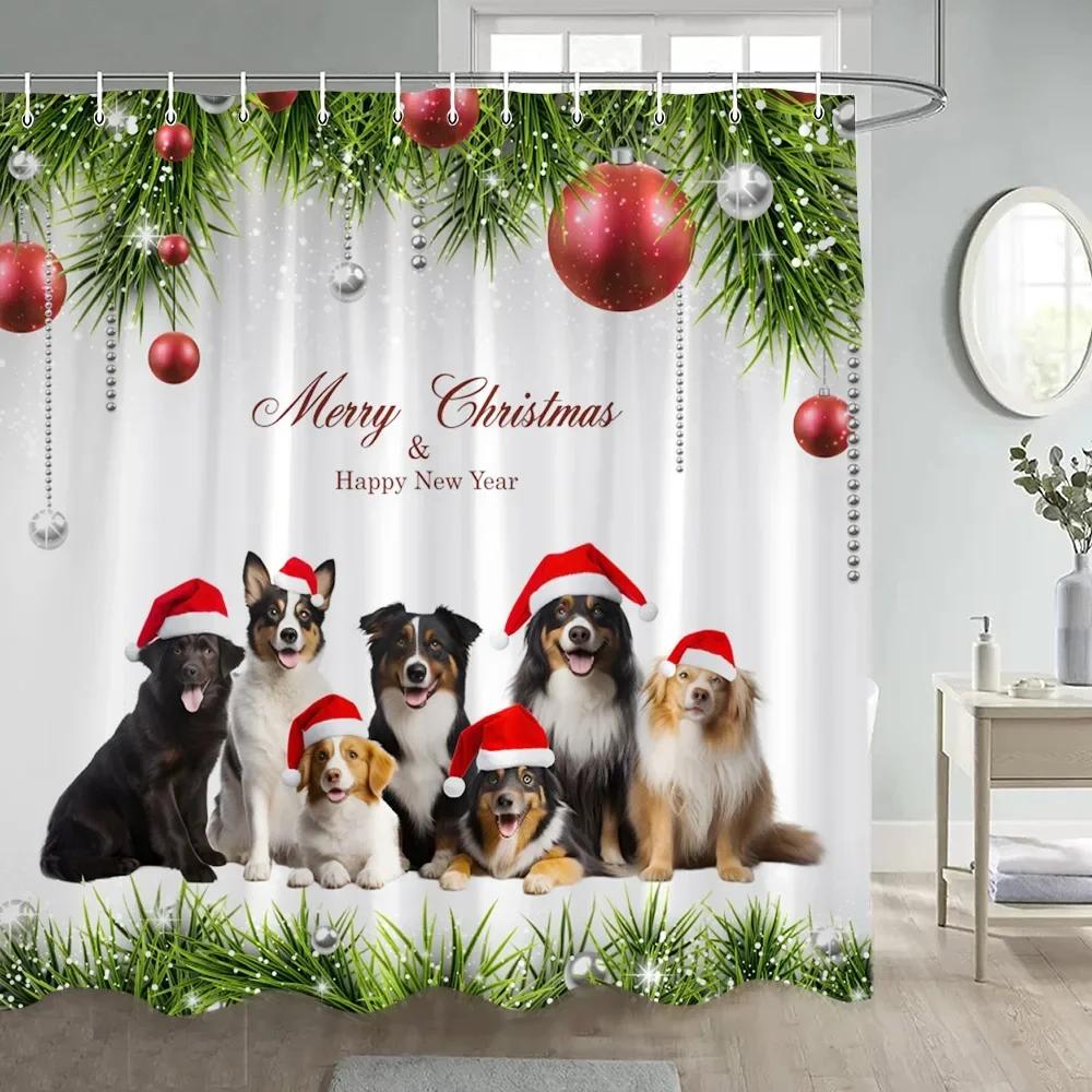Cute Christmas Cats Shower Curtain Winter Xmas Tree Balls Gift Funny Animal Dog New Year Bathroom Curtains Fabric Home Decor Set