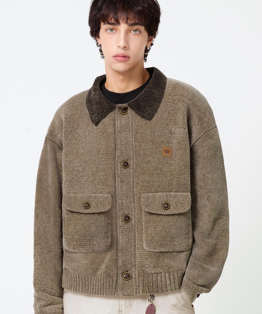 TRILLION Leather Patchwork Velvet Cardigan Knit_Beige
