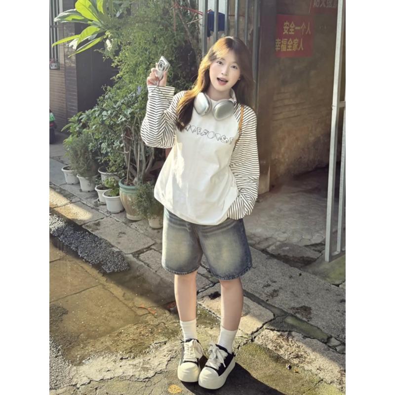 Letter Printed Striped Women's T-shirt Round Neck Minimalist Long Sleeved Pullover New Korean Loose Autumn Woman Top