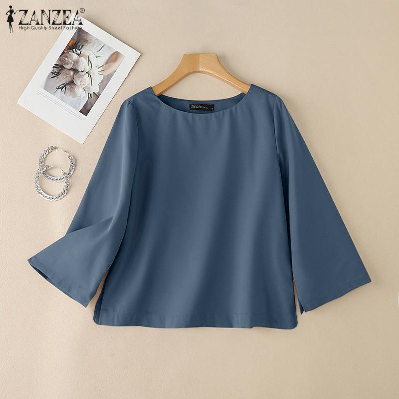 ZANZEA Damen Lässig Rundhals 3/4-Ärmel Einfarbig Locker Bluse