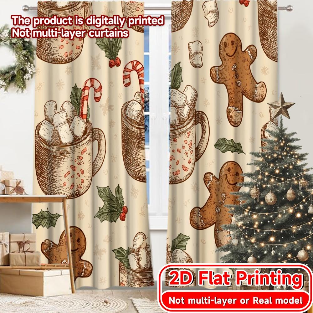 

Flat Printing Gingerbread Joy Chic Curtain Cloth Yarn Curtains Holiday Use Bedroom Living Room Office Teens Set Of 2 Made Polyester Washable Area W100*H70(CM)-Hooks&1PCS