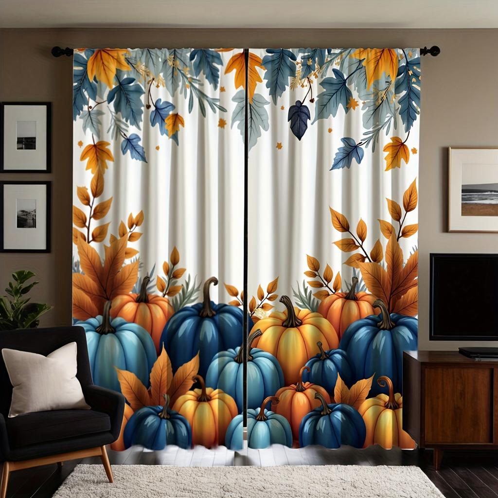 2pc Pumpkin and maple leaf print curtains   polyester fabric   machine washable   suitable for bedroom and living room decoration