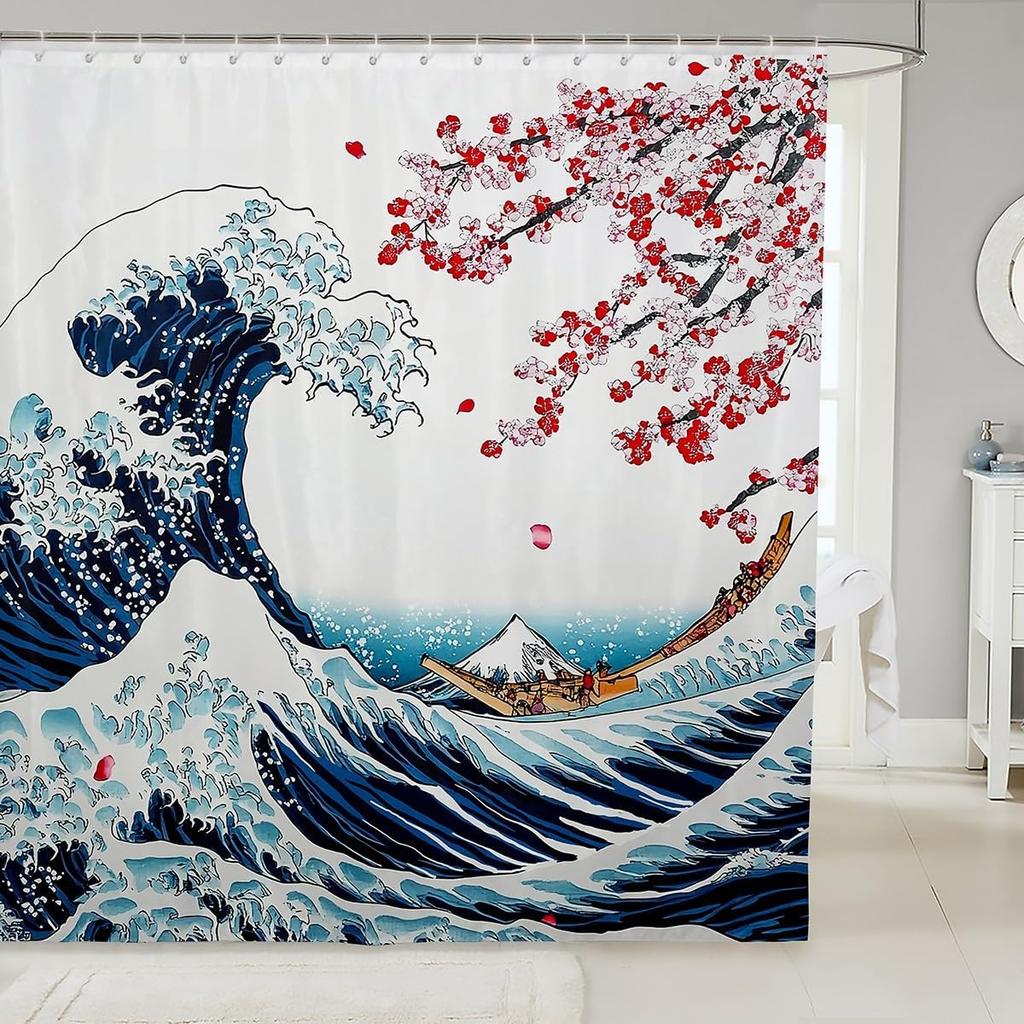 Feelyou Japanese Wave Bath Curtain for Boys Girls Fuji Mountain Shower Curtain Waterproof Japanese Style Bathroom Shower Curtain