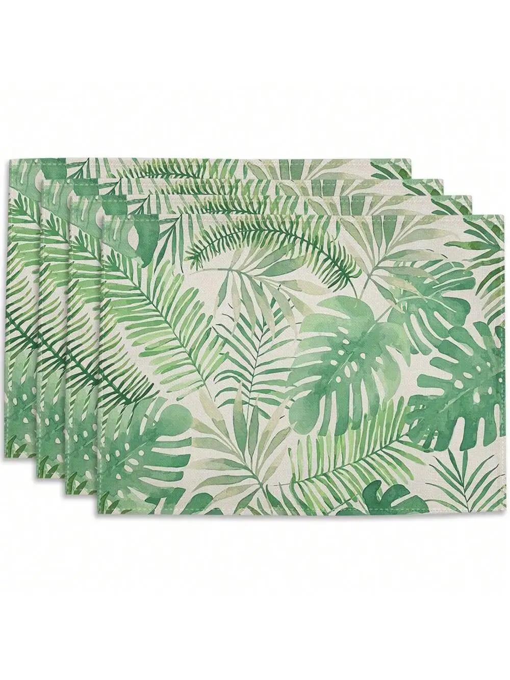 4 шт. салфетки для стола с принтом тропических листьев, зеленые листья, напечатанные для столов, льняные салфетки для стола, домашняя кухня, обеденные подкладки 1pcs