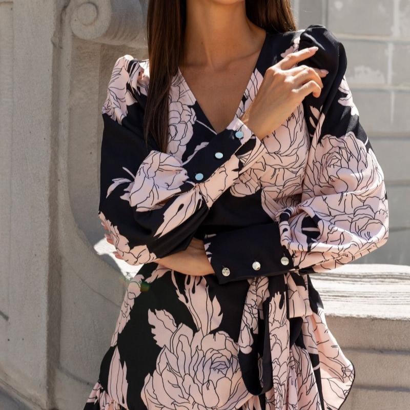 Fashion Lantern Sleeve Vintage Print Casual Dresses Women Elegant Slim Fit Ruffled Women's Dress A Line High Waist Lace-up Office Ladies Dress 26157