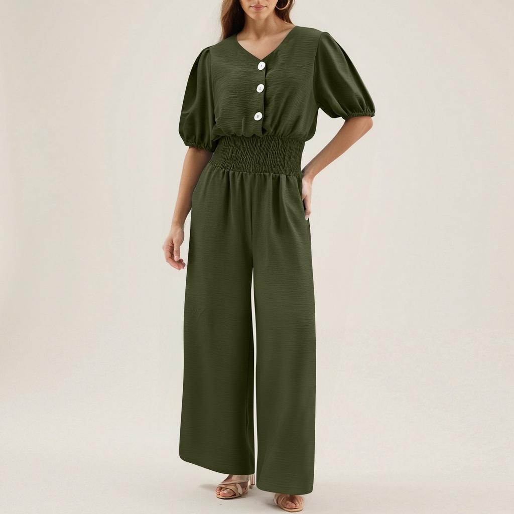 Women's Fashionable Solid Color V-neck  Button Short Sleeved Casual Loose Wide Leg Pants Jumpsuit
