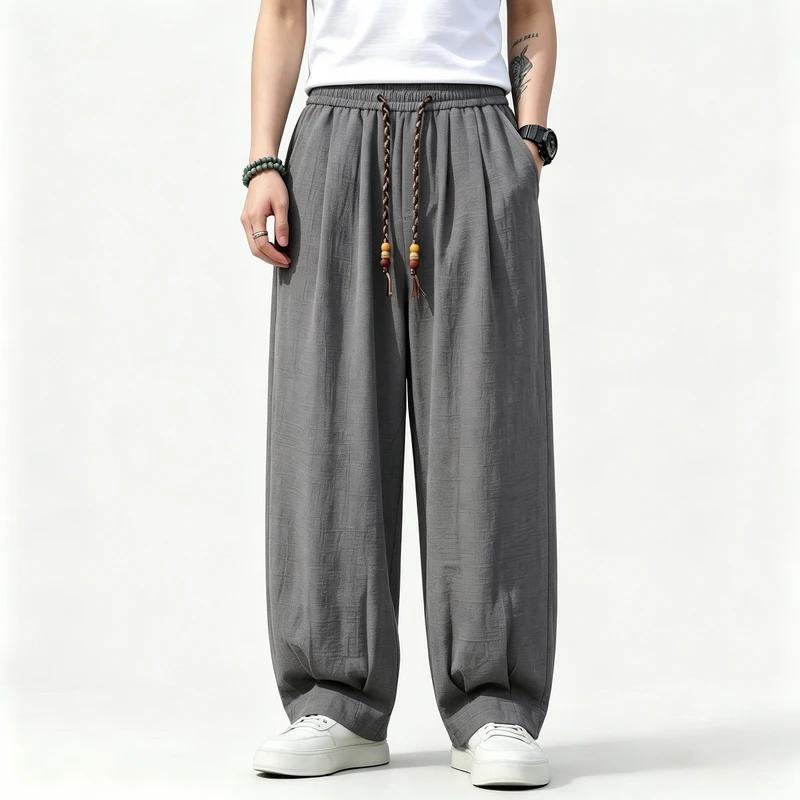 2026 Men New Chinese Style Imitation Linen Casual Pants Loose Lantern Harem Pants Elastic Waist Lightweight Trousers Streetwear