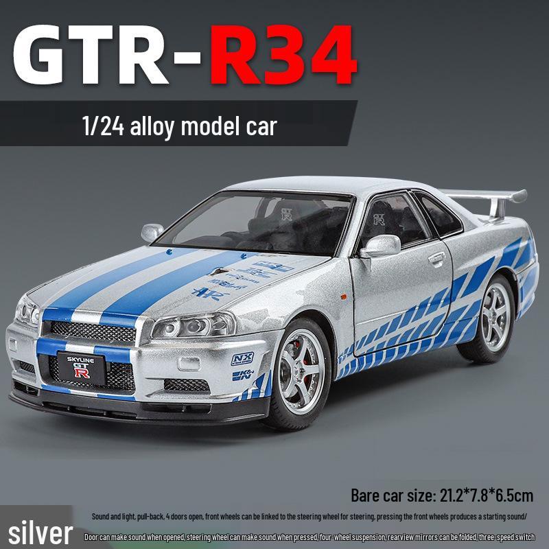 1:24 Alloy GTR R34 Model Car Toy with Sound, Light, Openable Doors, Four-Wheel Steering, and Pull-Back Action