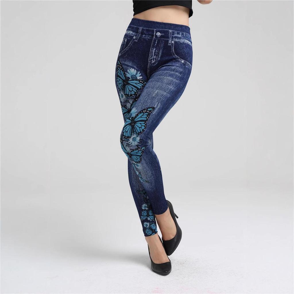 Butt-Lifting Super Elastic Butterfly Leggings - Denim Look