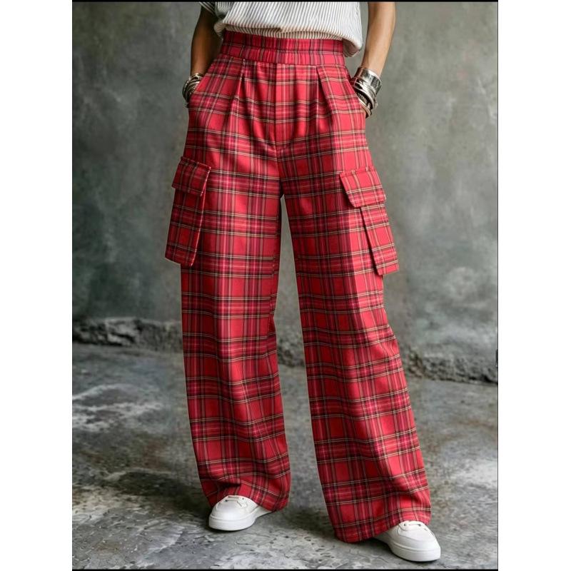 2026 Cross-Season Plaid Elastic Waist Wide-Leg Cargo Pants with Large Pockets