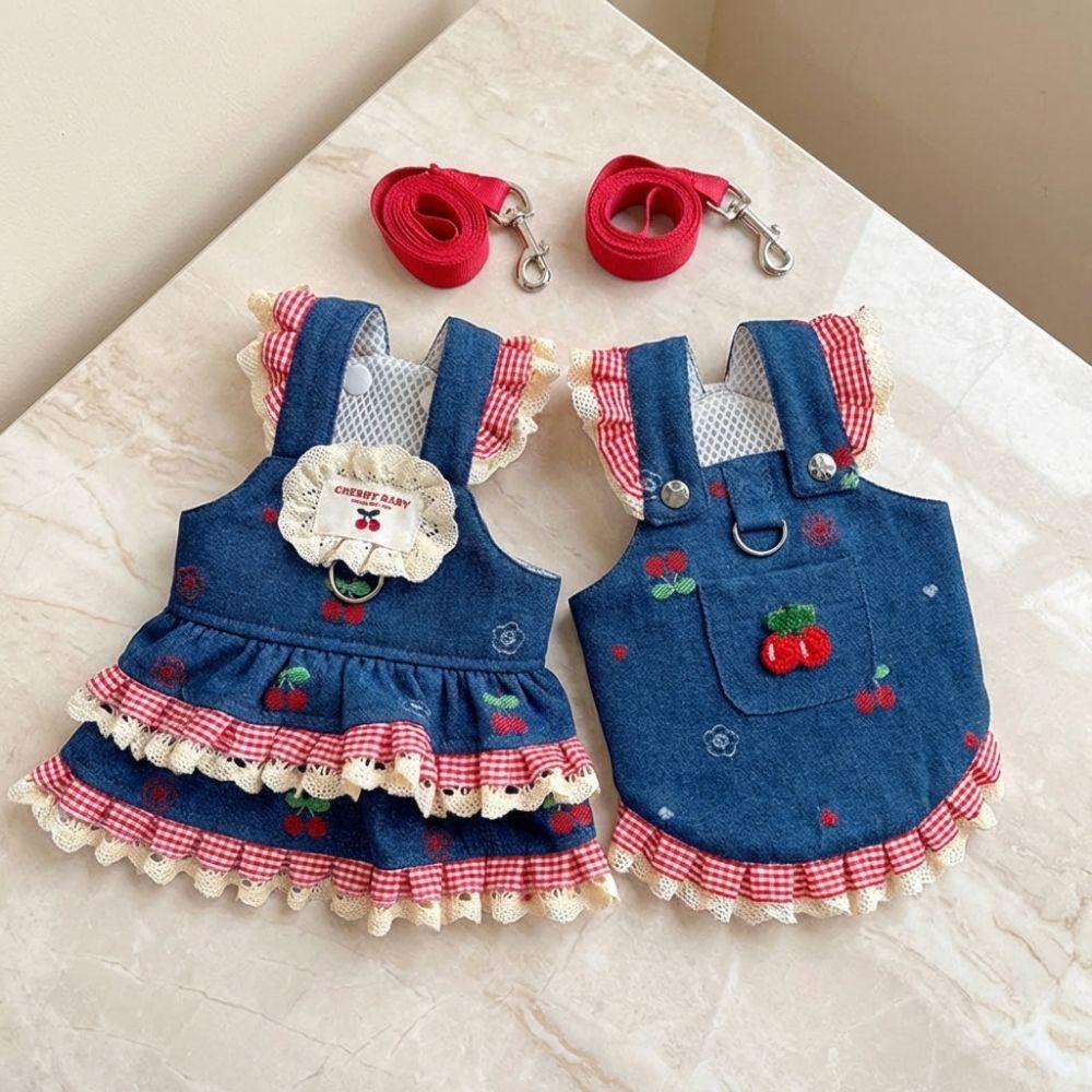 Denim Dog Dress Harness Set Mesh with Leash Cat Dog Vest Soft Cherry Pattern Pet Jeans Skirt For Teddy Bear, Bichon Frise, Etc.