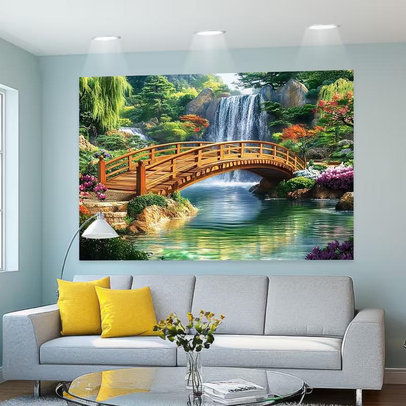2D Japanischer Garten, Brücke, Wasserfall, Wandteppich, Zen-Natur, Wandbehang für Schlafzimmer