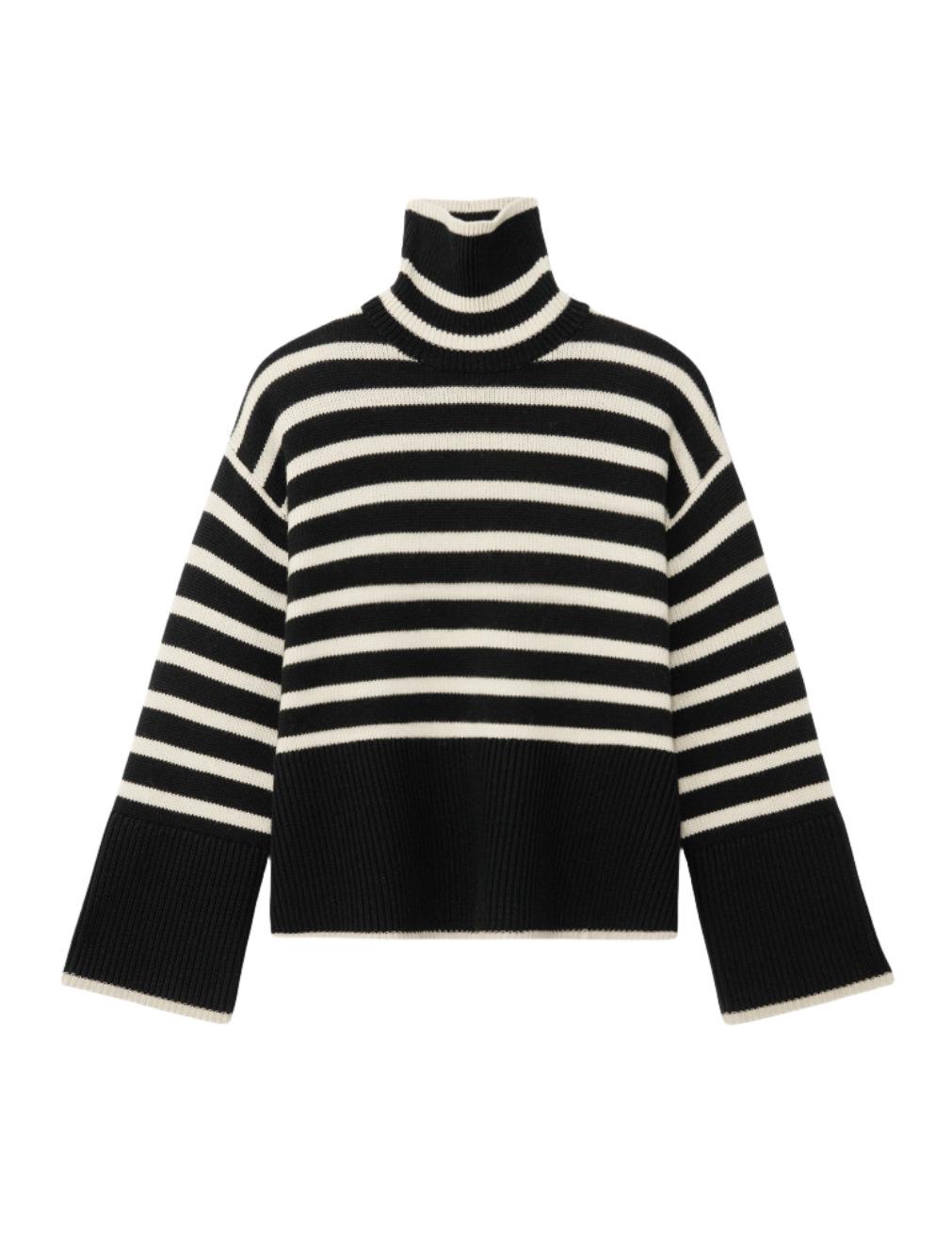 

Женский свитер с высоким воротом в черно-белую полоску — свободный, теплый, с разрезом, подойдет для весны и осени, модная нижняя одежда. One Size